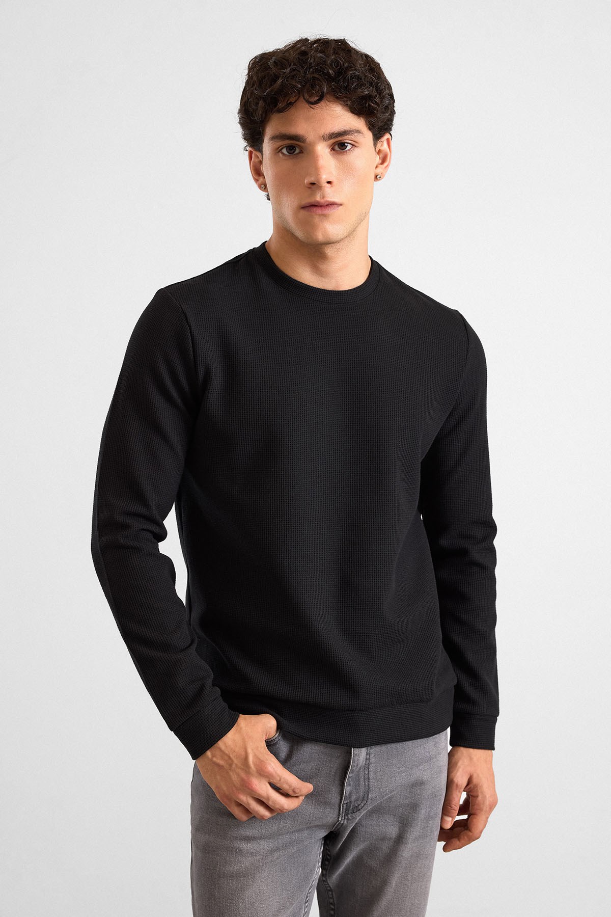 Süvari Siyah Regular Düz Bisiklet Yaka Sweatshirt görsel 2