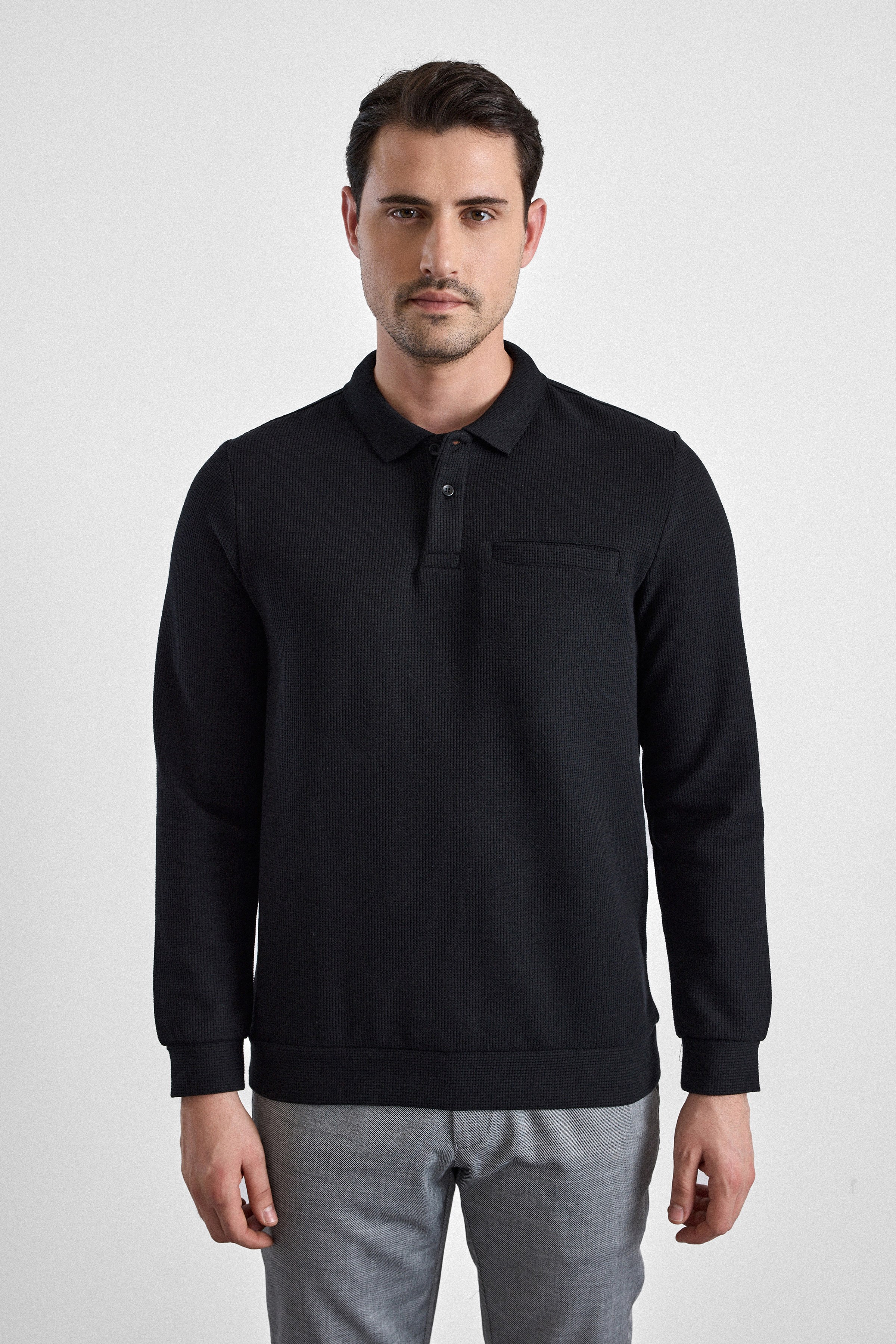 Süvari Siyah Regular Düz Polo Yaka Sweatshirt