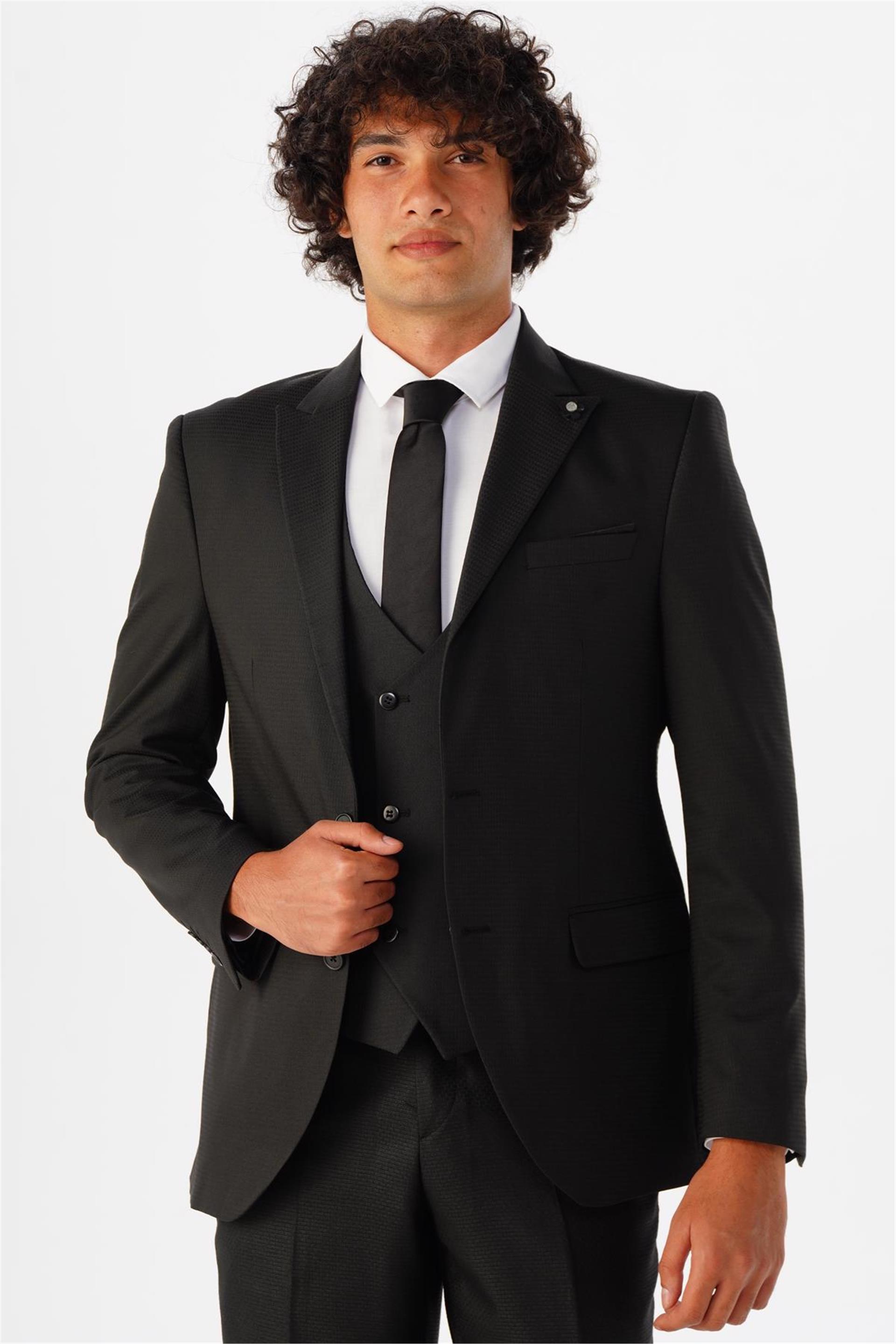 Siyah Slim Fit Armürlü Sivri Yaka 6 Drop Yelekli Klasik Takım Elbise