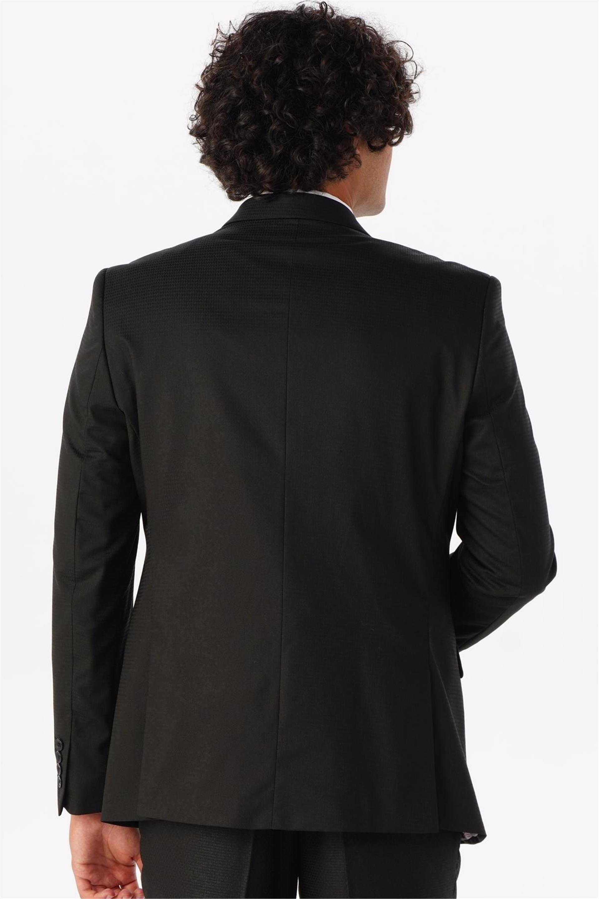 Siyah Slim Fit Armürlü Sivri Yaka 6 Drop Yelekli Klasik Takım Elbise