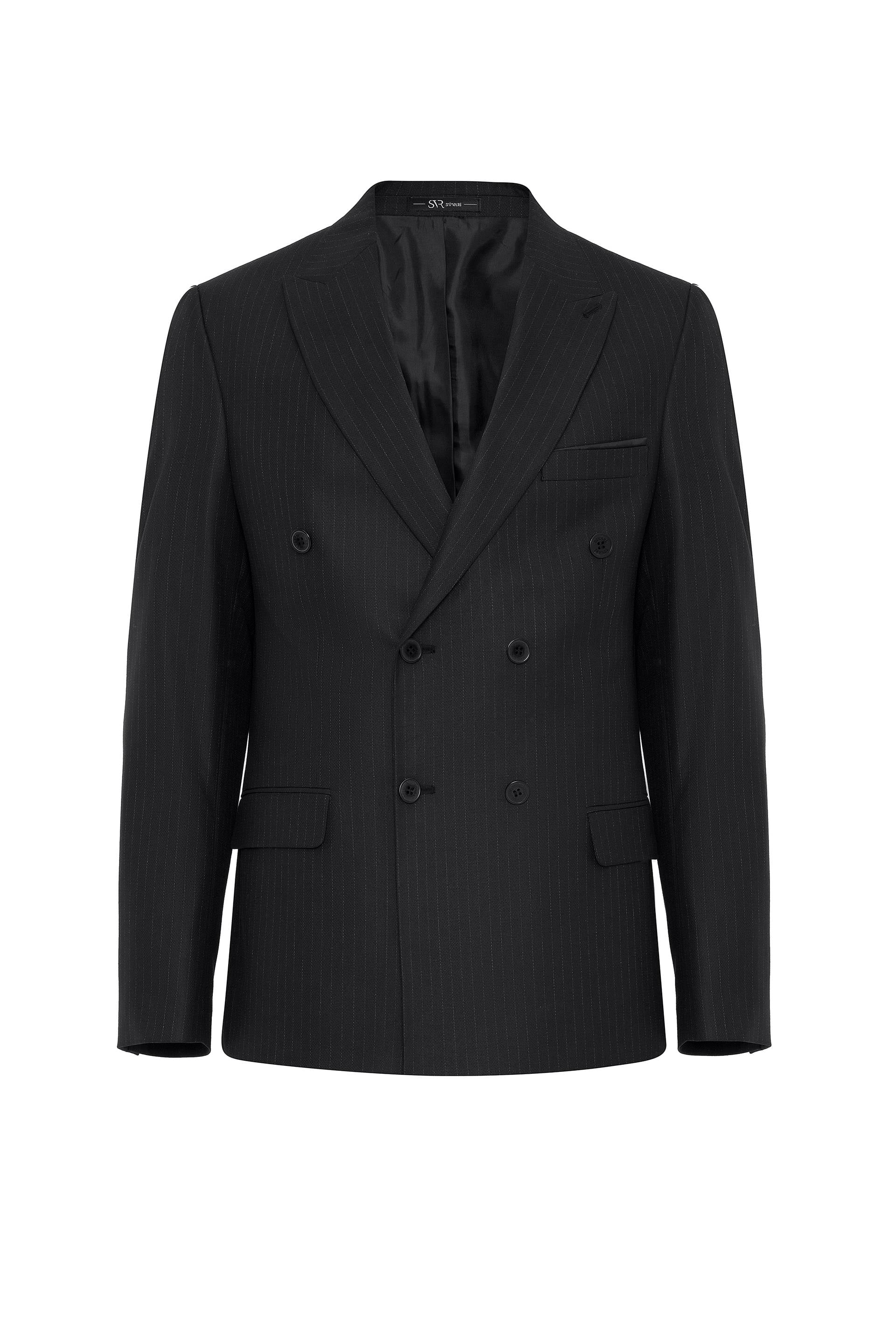 Siyah Slim Fit Desenli Sivri Yaka 6 Drop Klasik Takım Elbise
