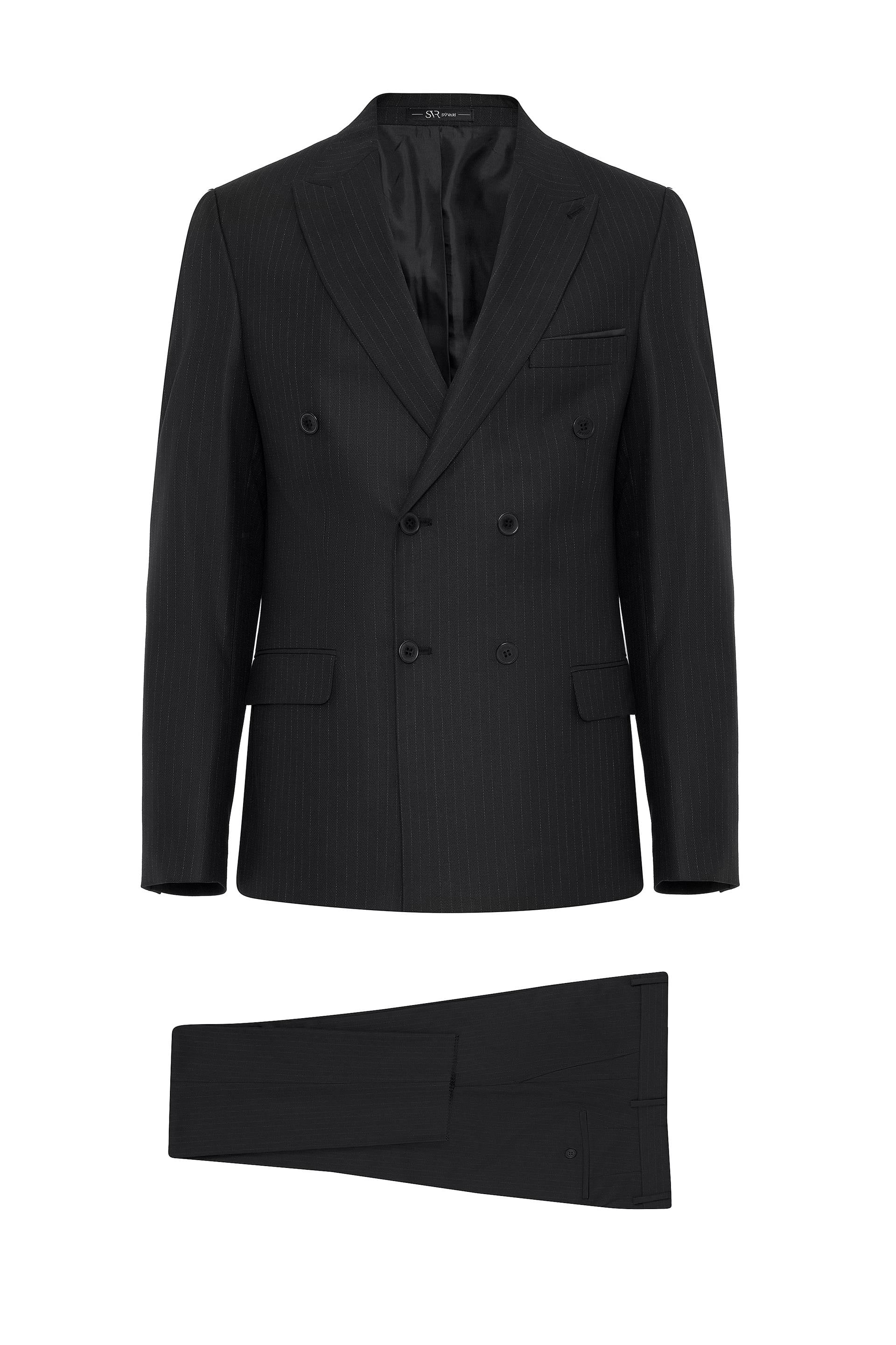 Siyah Slim Fit Desenli Sivri Yaka 6 Drop Klasik Takım Elbise