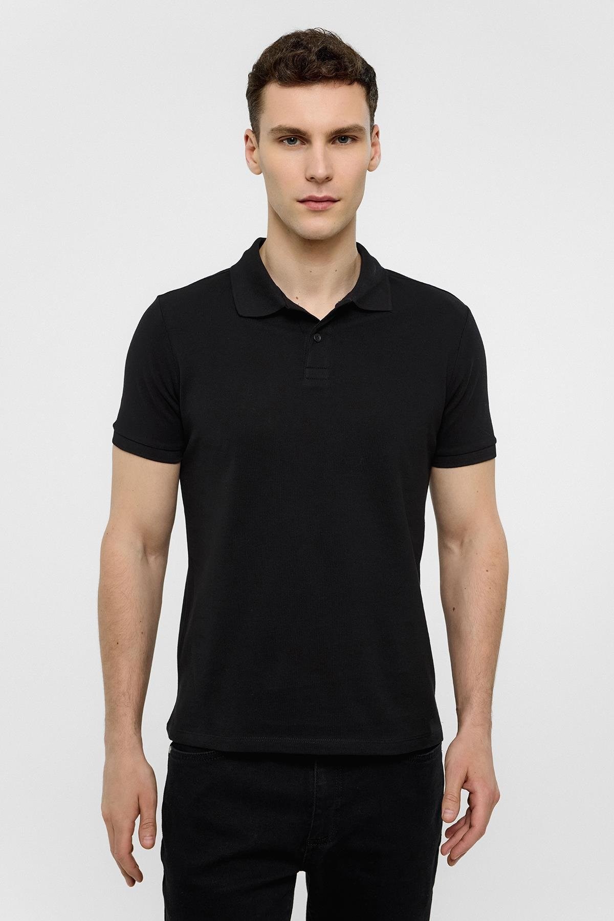 Süvari Siyah Slim Düz Polo Yaka Tişört