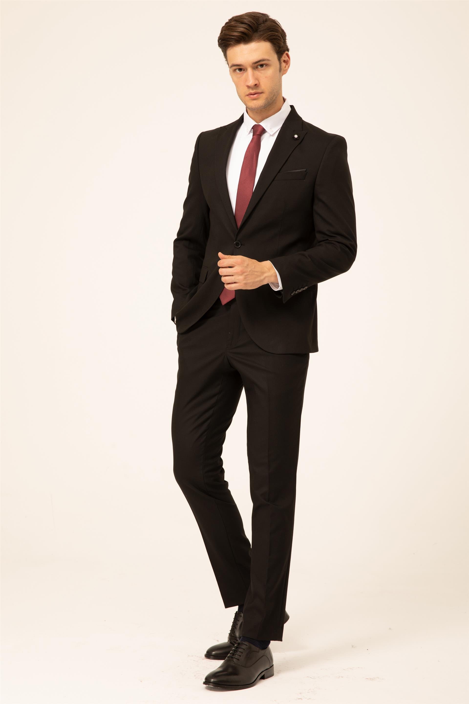 Siyah Slim Fit Düz Sivri Yaka 6 Drop Klasik Takım Elbise