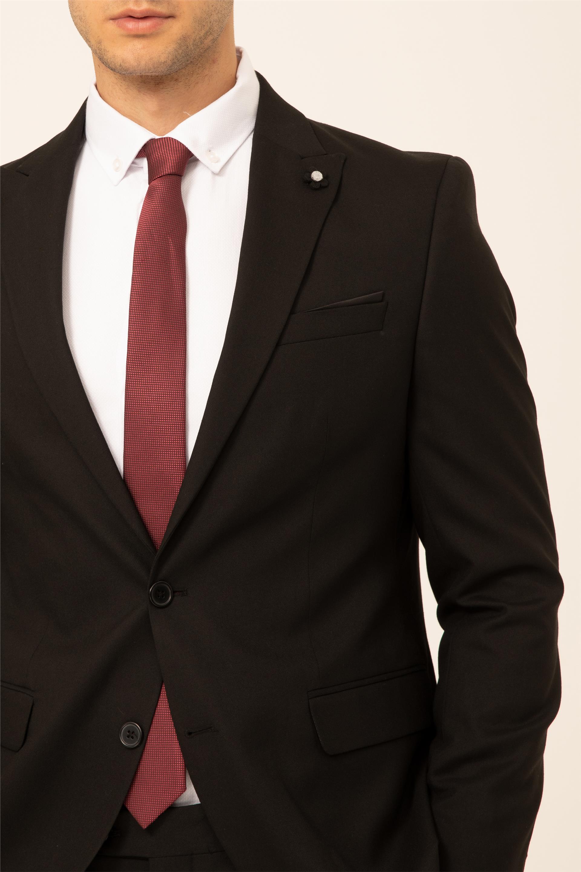 Siyah Slim Fit Düz Sivri Yaka 6 Drop Klasik Takım Elbise