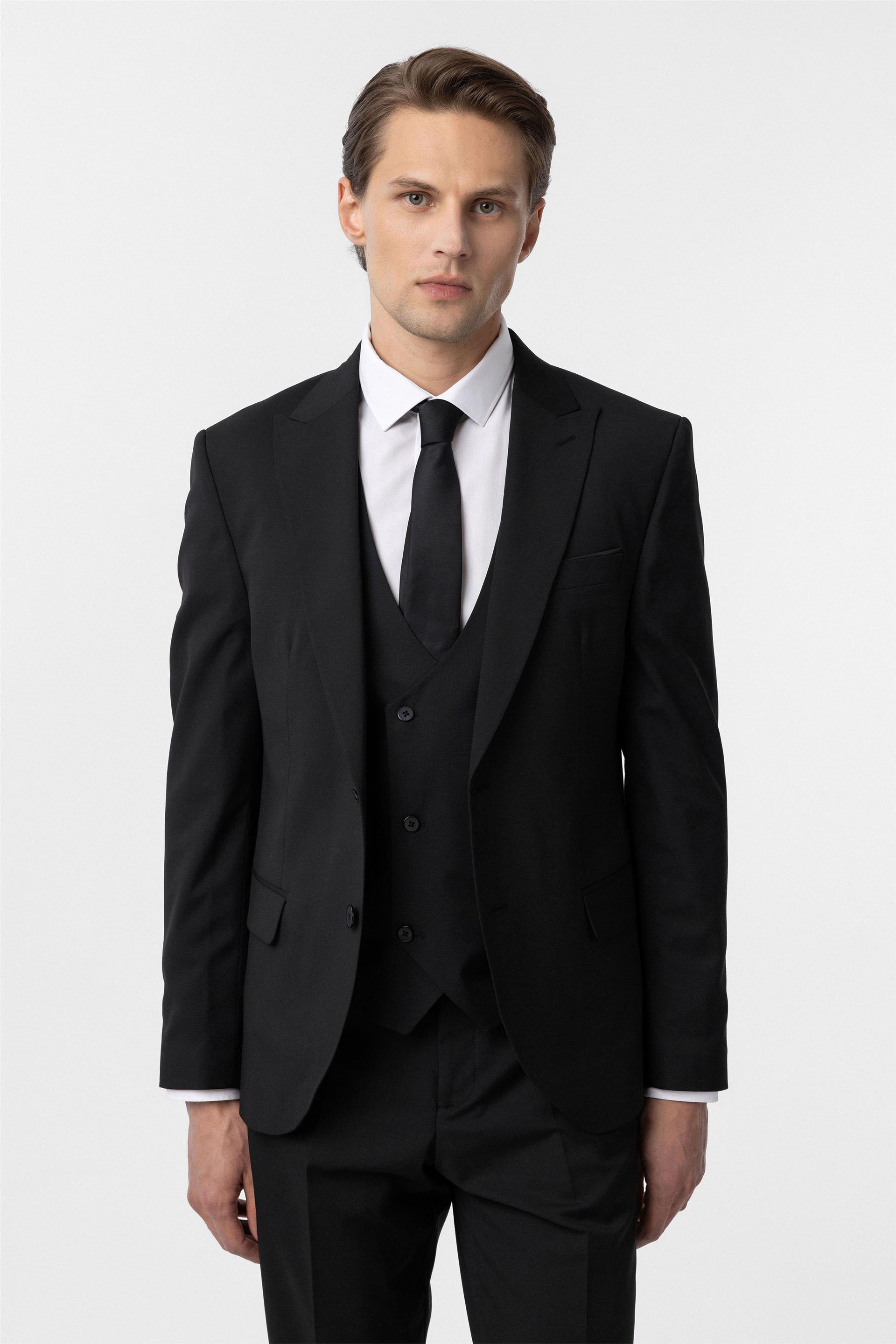 Siyah Slim Fit Düz Sivri Yaka 6 Drop Yelekli Klasik Takım Elbise