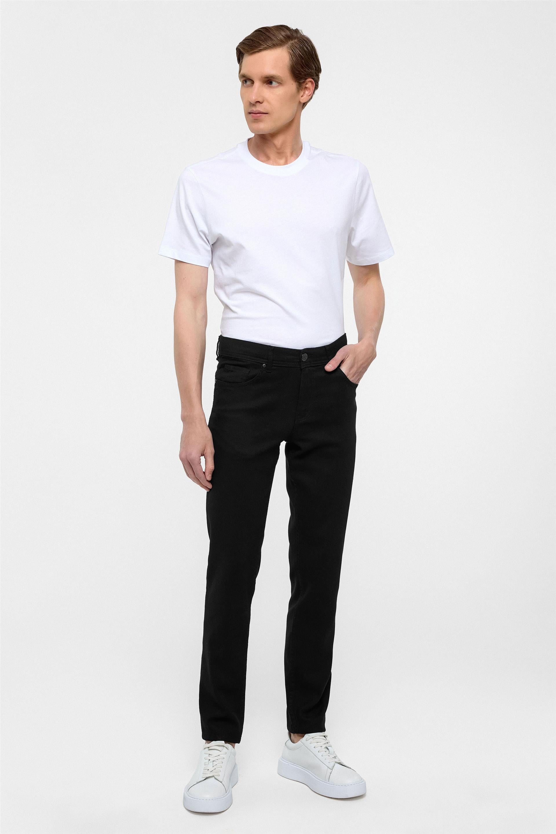 Siyah Slim Fit 5 Cep Kalıp Armürlü Kanvas Pantolon