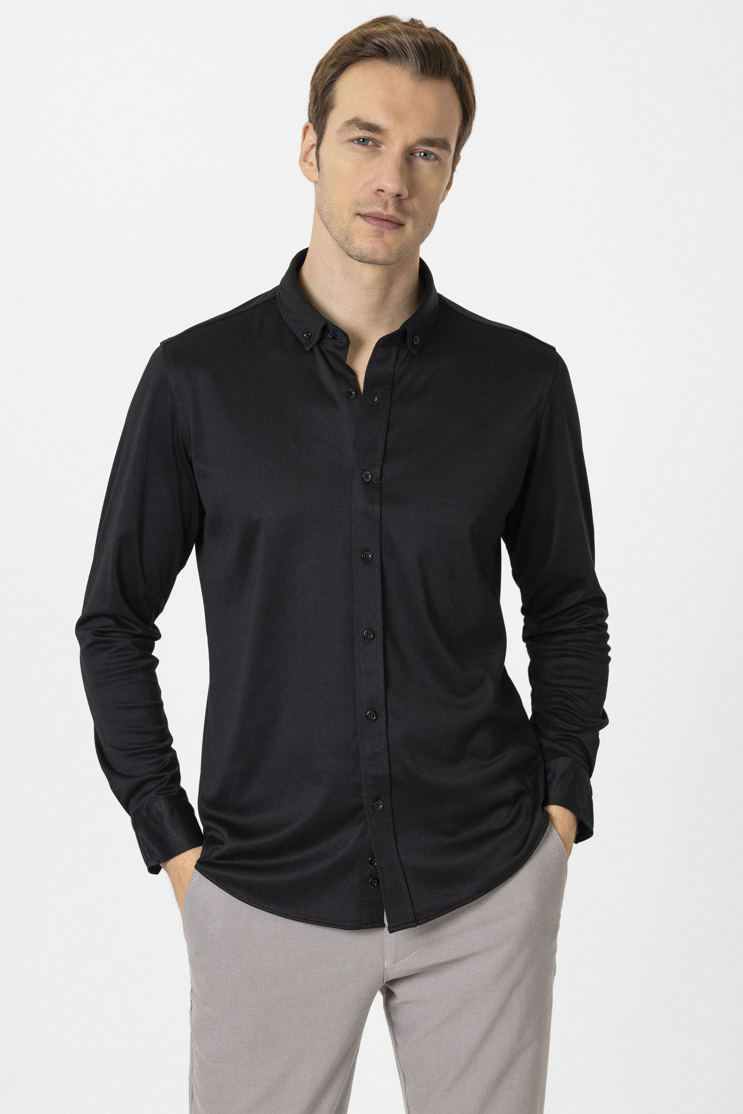 Süvari Siyah Slim Fit Armürlü Düğmeli Yaka Gömlek görsel 2