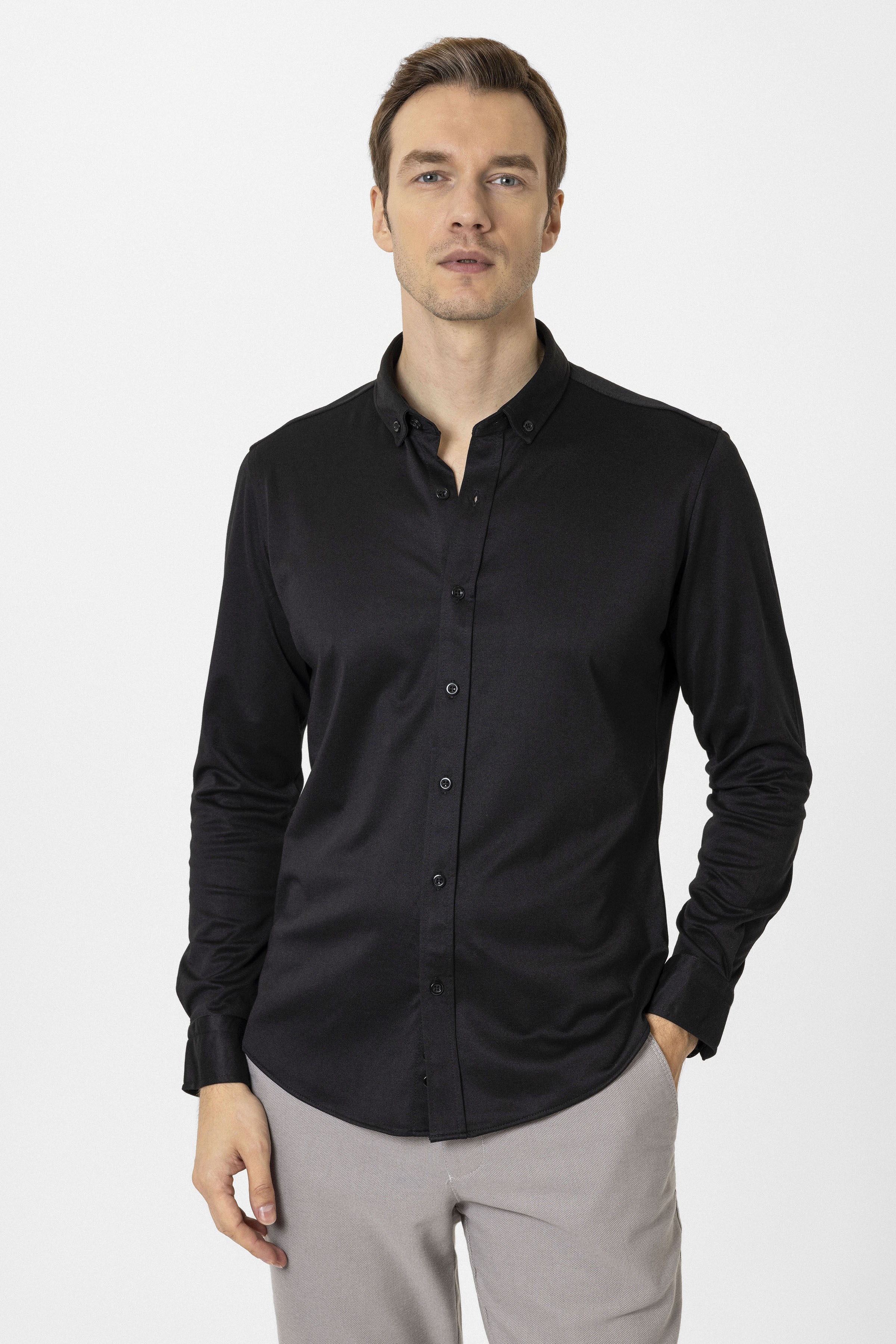 Süvari Siyah Slim Fit Armürlü Düğmeli Yaka Gömlek