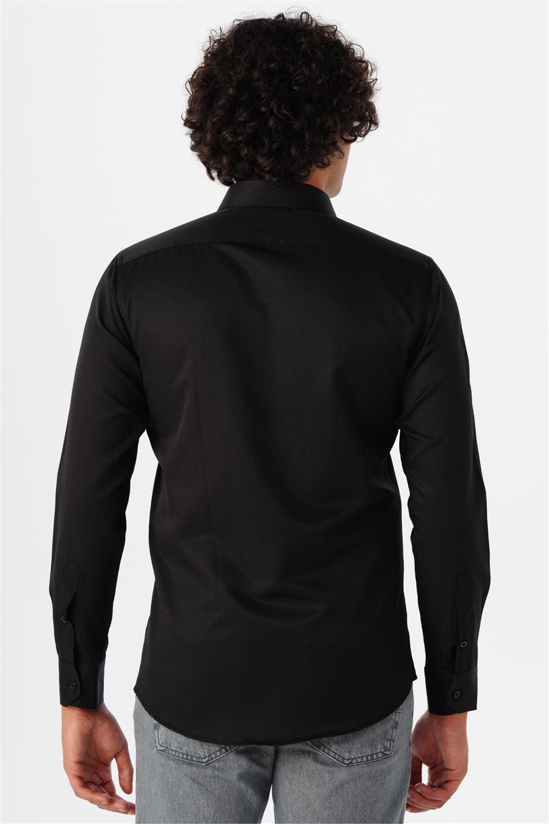 Siyah Slim Fit Armürlü Klasik Yaka Gömlek