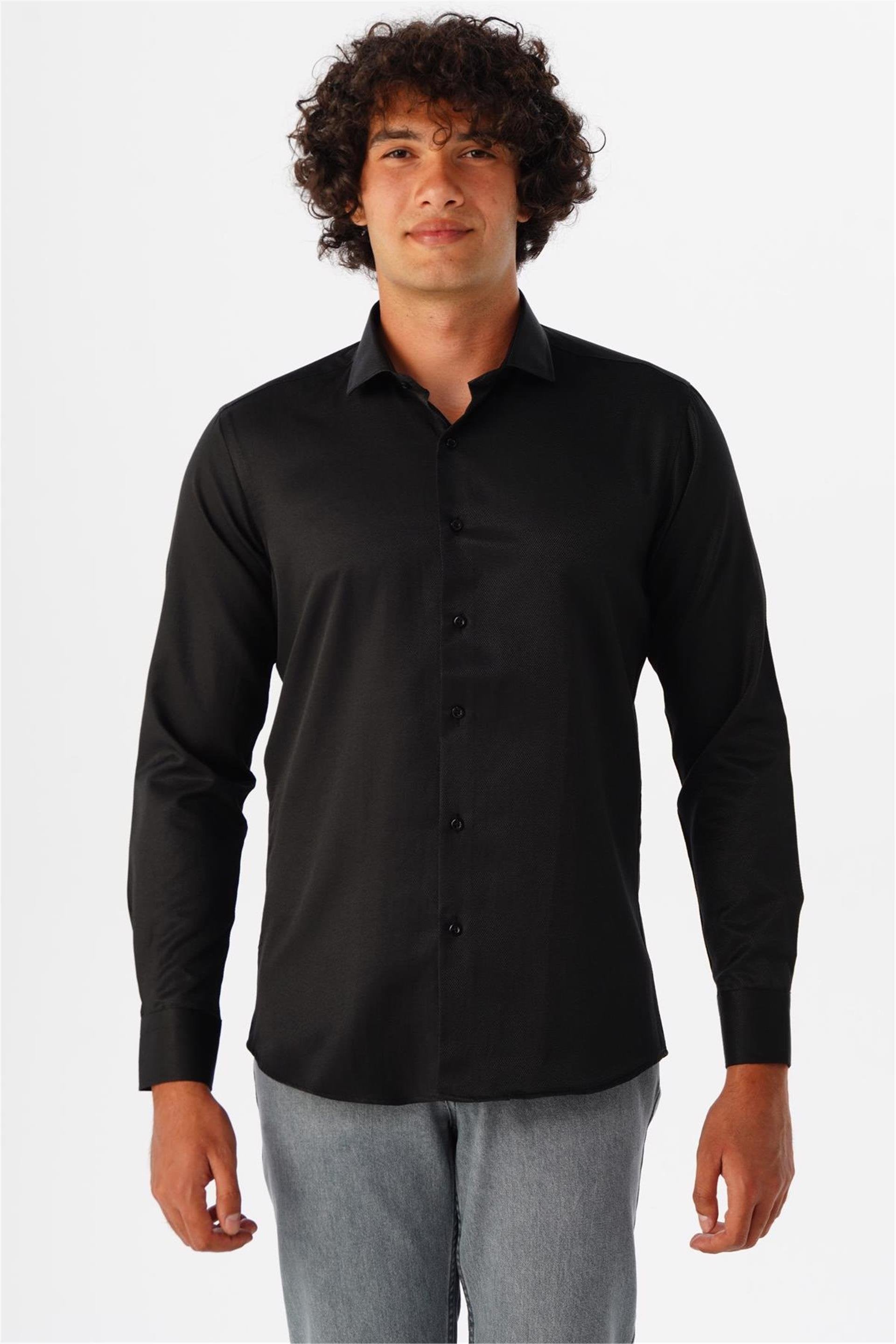 Siyah Slim Fit Armürlü Klasik Yaka Gömlek