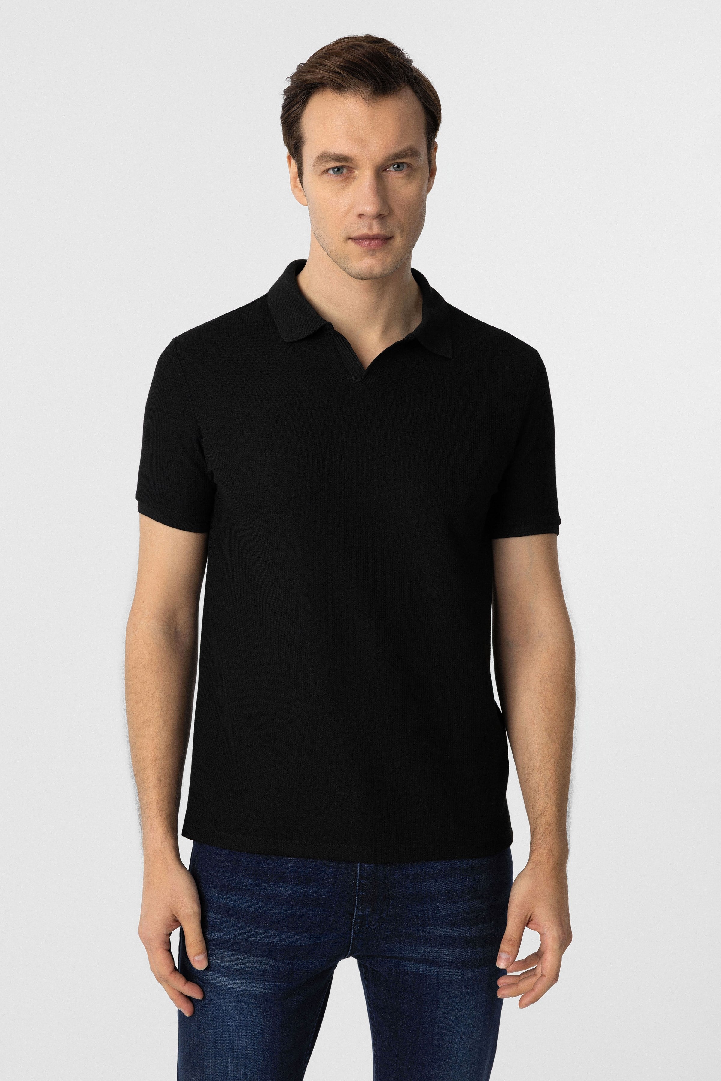 Süvari Siyah Slim Fit Armürlü Polo Yaka Tişört