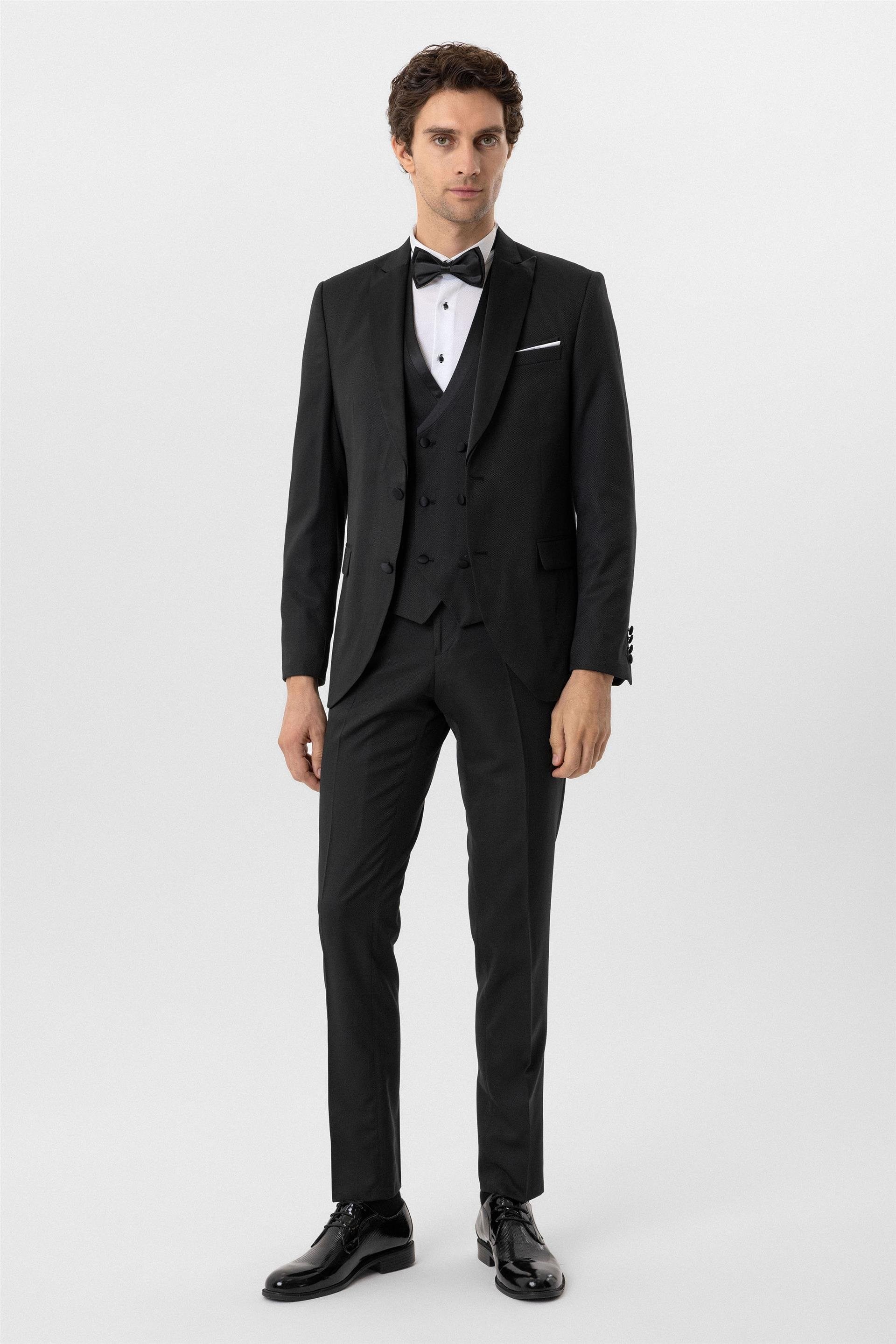 Süvari Siyah Slim Fit Armürlü Sivri Yaka 6 Drop Smokin & Damatlık