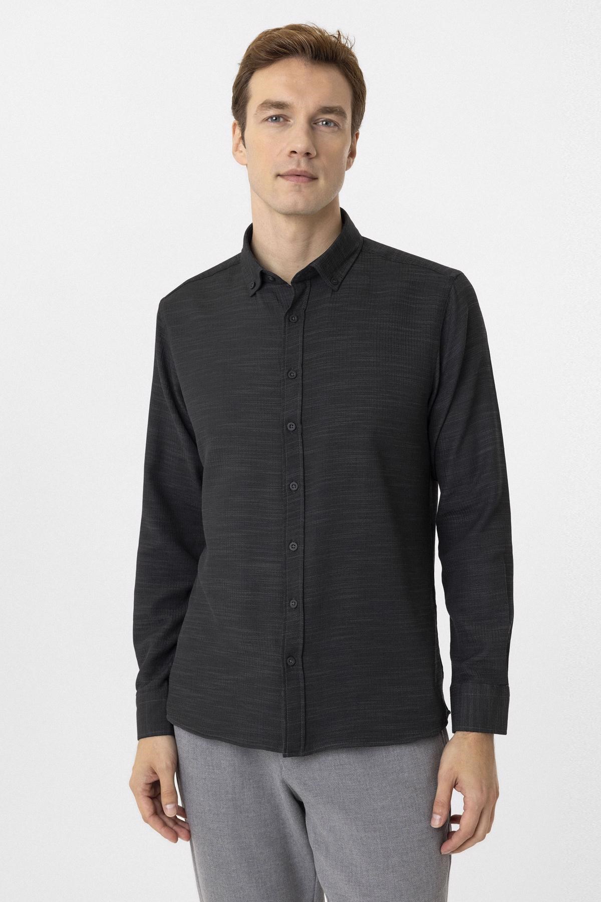 Süvari Siyah Slim Fit Desenli Düğmeli Yaka Gömlek