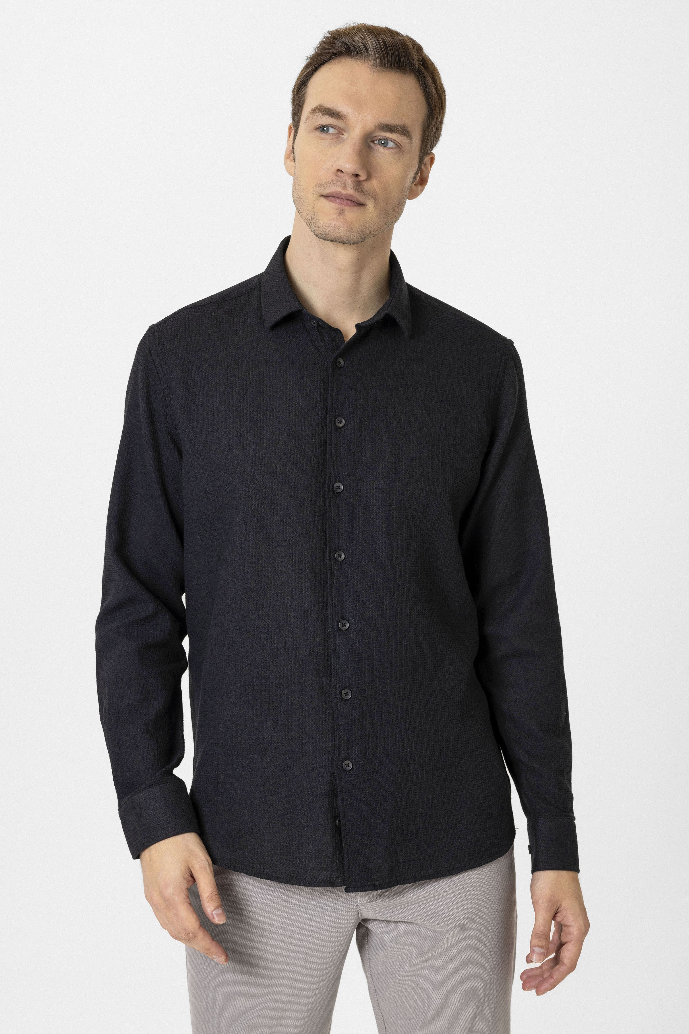 Süvari Siyah Slim Fit Desenli Klasik Yaka Gömlek görsel 2