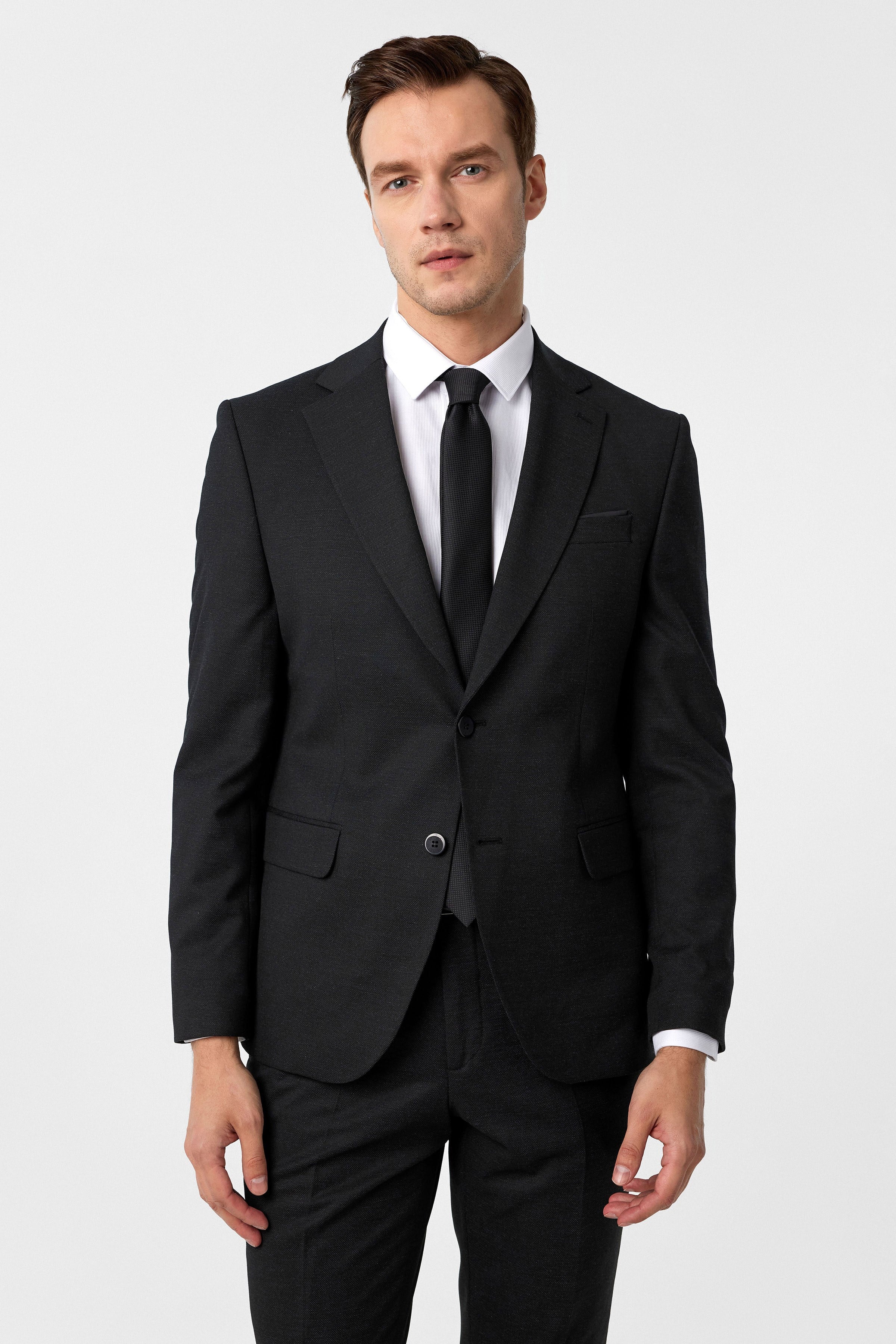 Siyah Slim Fit Desenli Mono Yaka 6 Drop Klasik Takım Elbise
