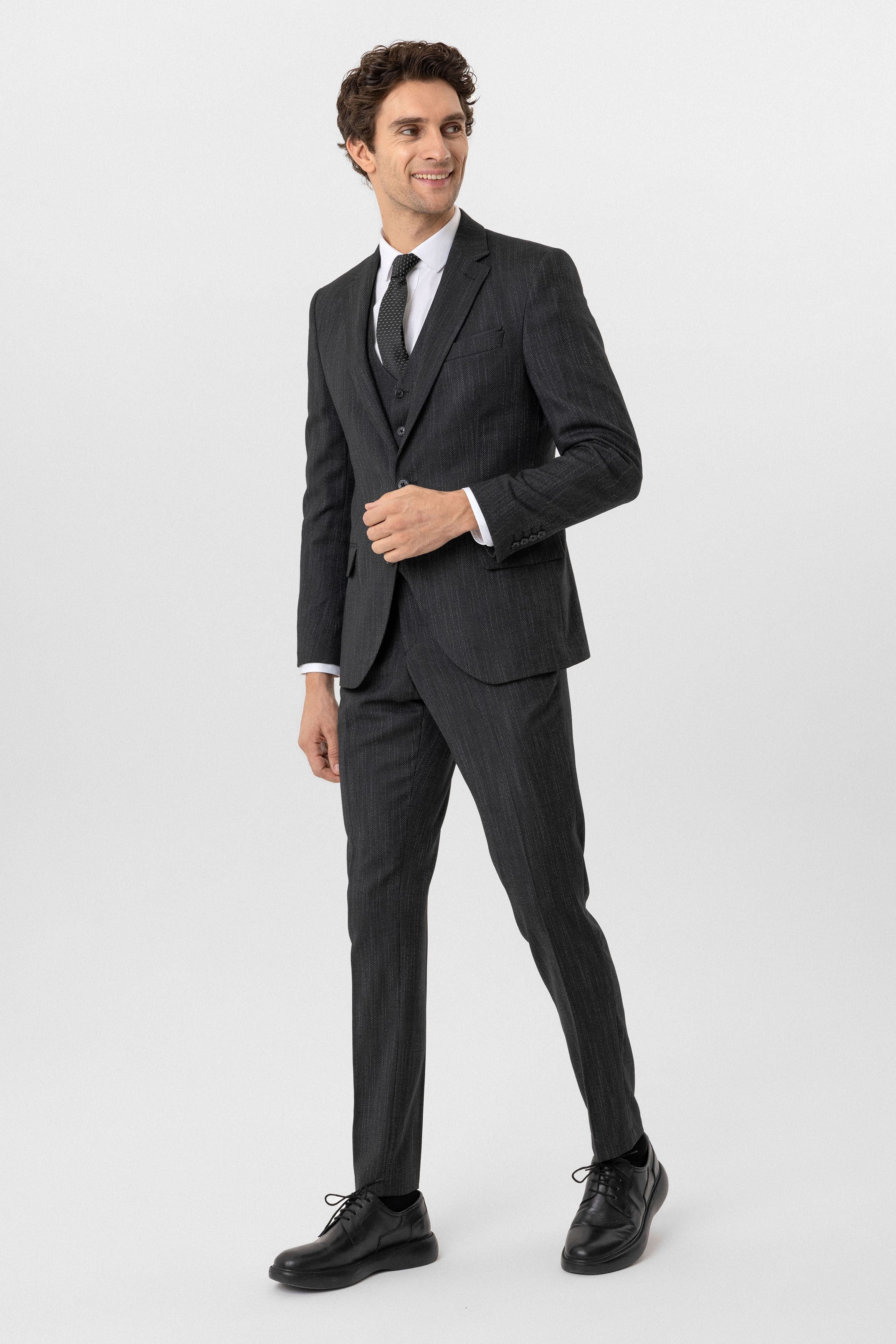 Siyah Slim Fit Desenli Mono Yaka 6 Drop Yelekli Klasik Takım Elbise