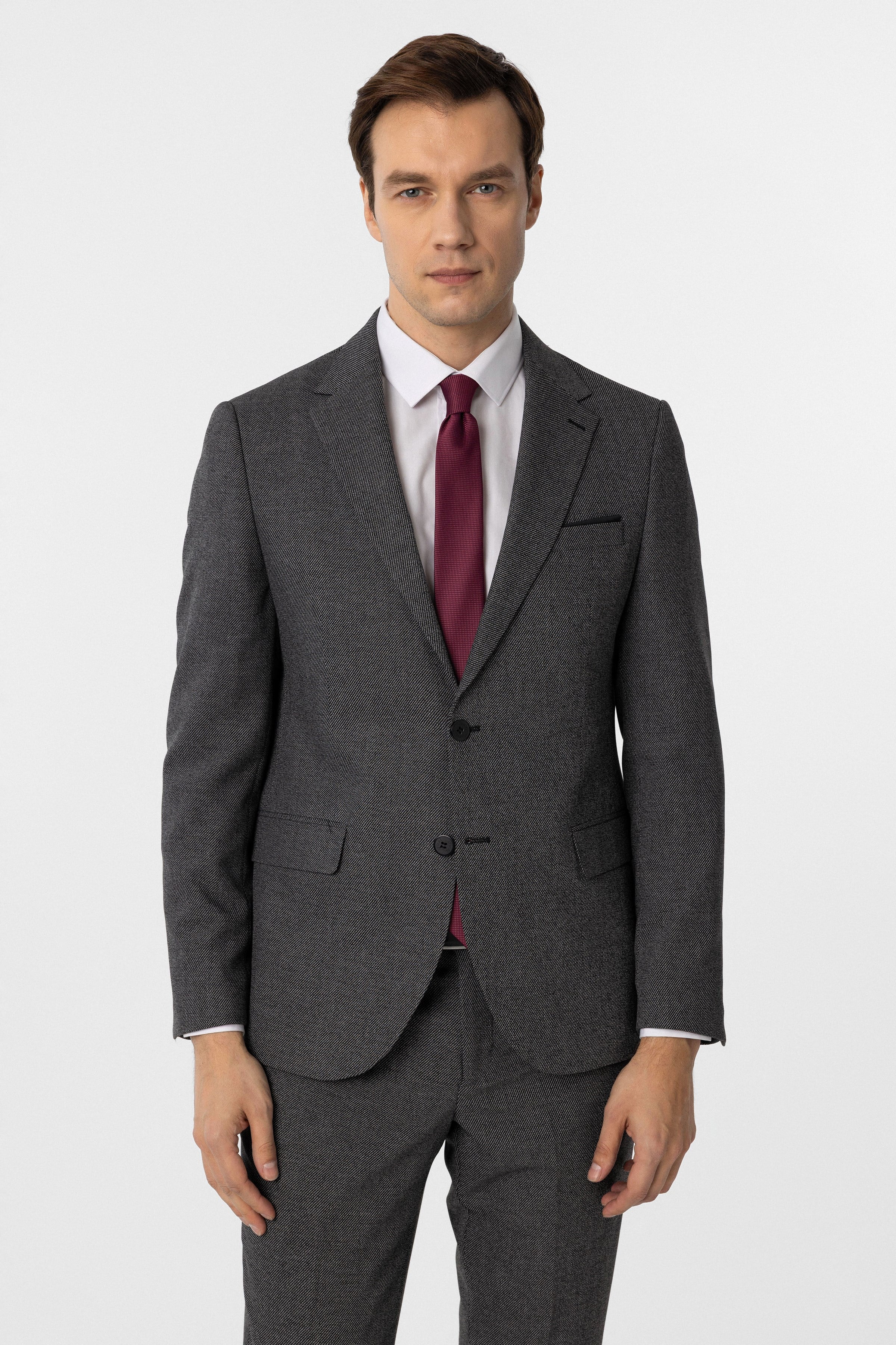 Siyah Slim Fit Desenli Mono Yaka 6 Drop Klasik Takım Elbise