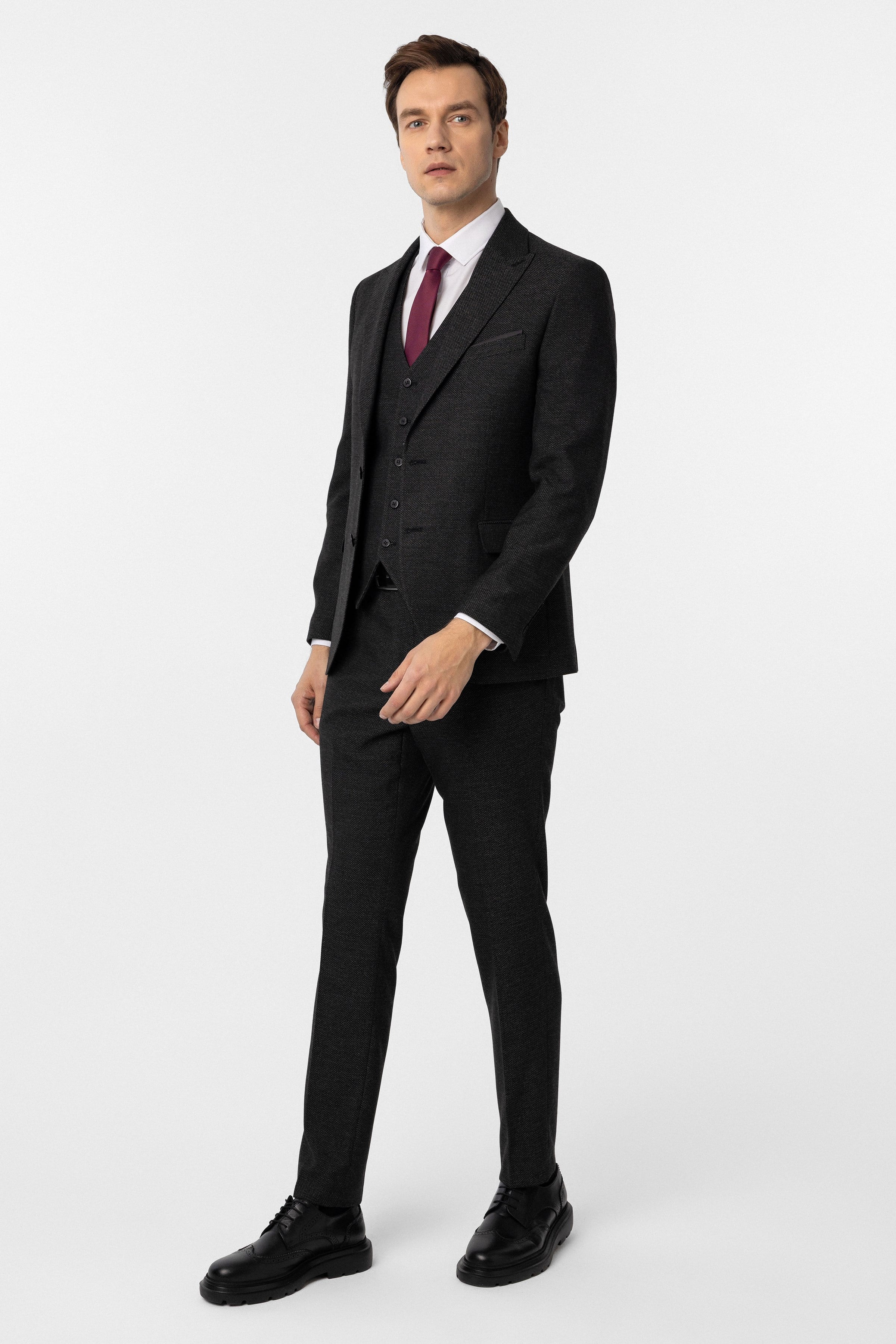 Siyah Slim Fit Desenli Sivri Yaka 6 Drop Yelekli Klasik Takım Elbise