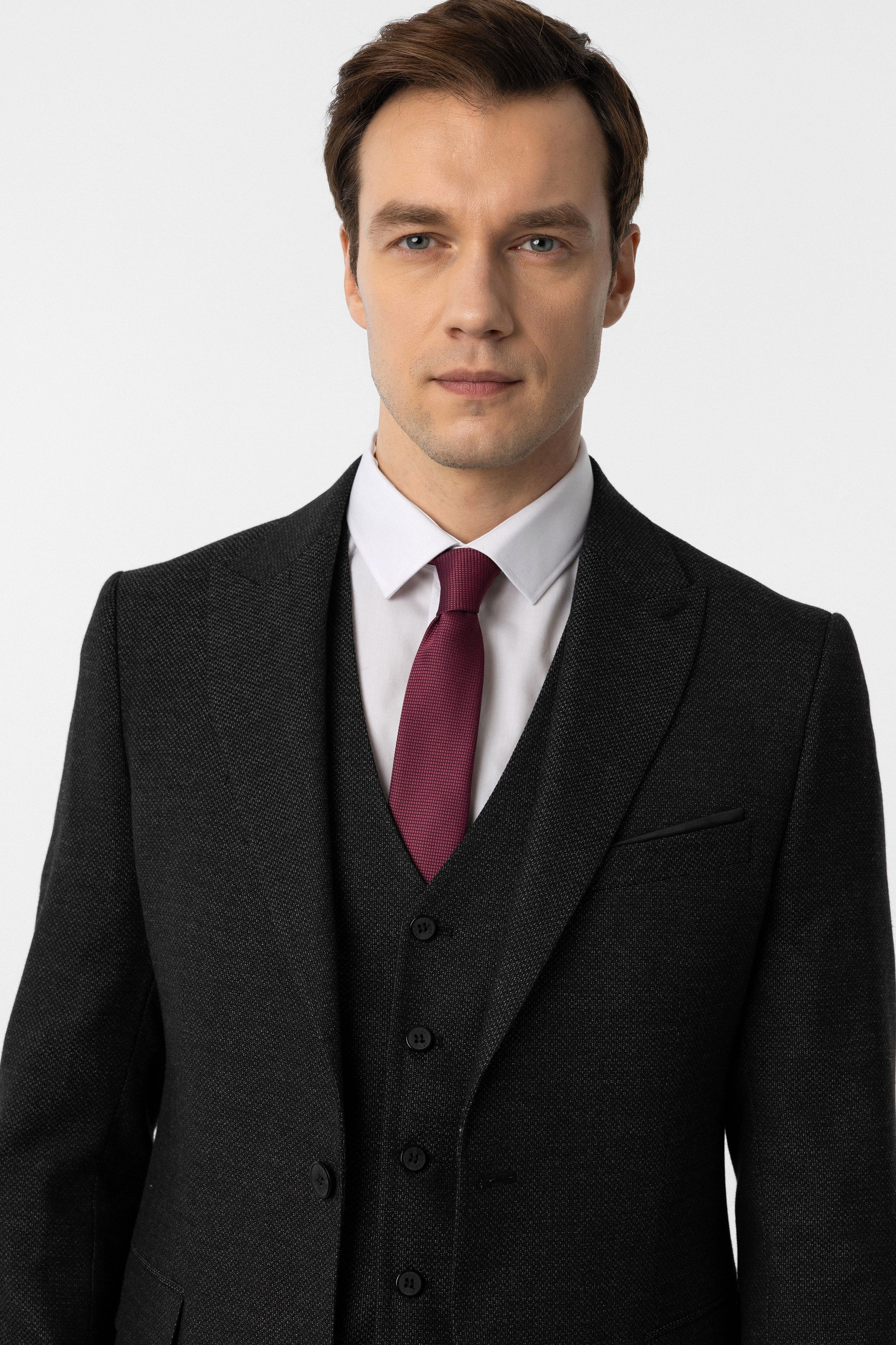 Siyah Slim Fit Desenli Sivri Yaka 6 Drop Yelekli Klasik Takım Elbise