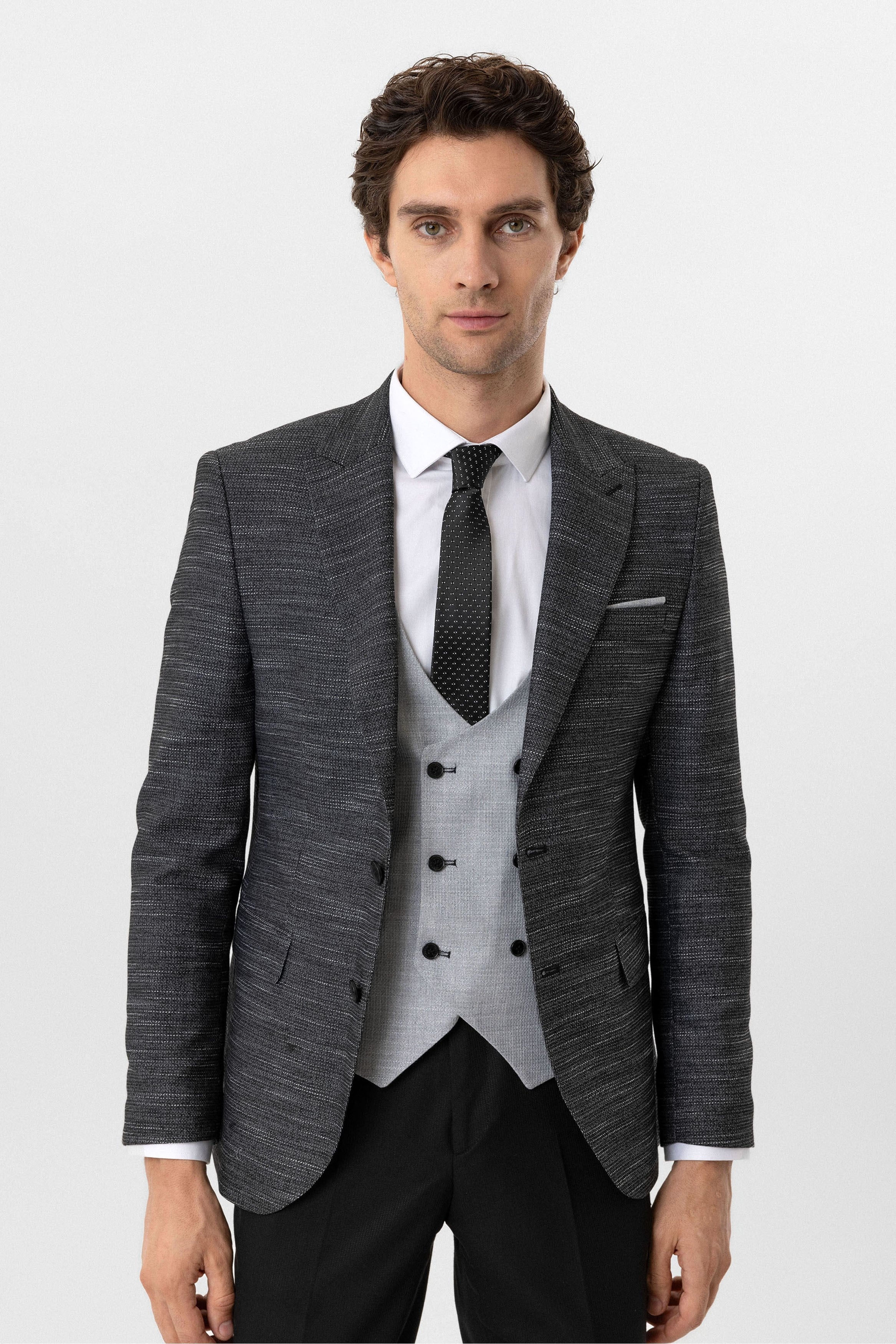 Siyah Slim Fit Desenli Sivri Yaka 6 Drop Yelekli Klasik Takım Elbise