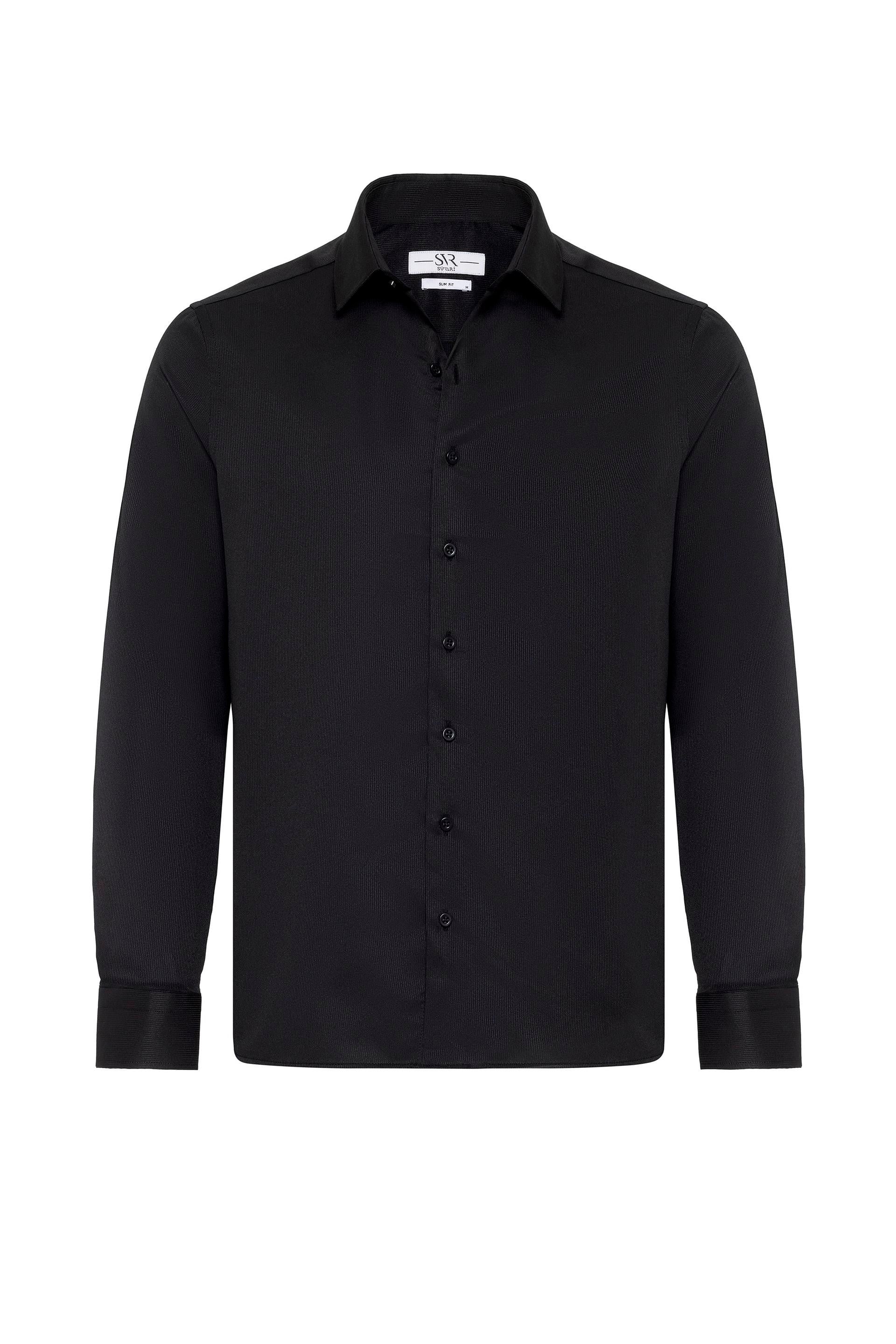 Siyah Slim Fit Düz Klasik Yaka Gömlek