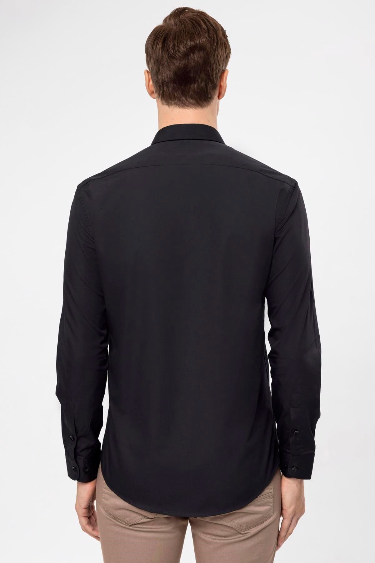 Süvari Siyah Slim Fit Düz Klasik Yaka Gömlek görsel 5