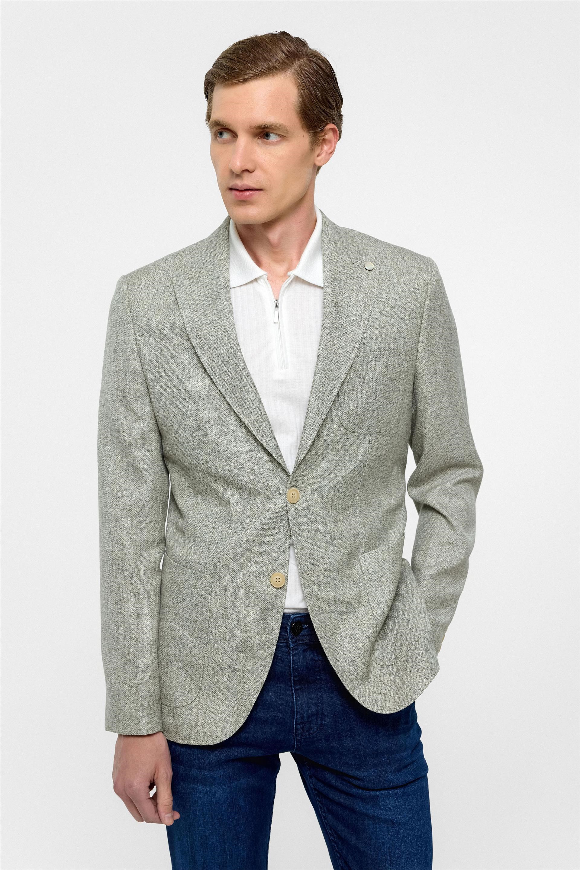 Süvari Su Yeşili Slim Fit Desenli Sivri Yaka 6 Drop Ceket