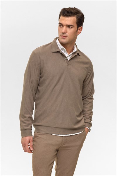 Açık Kahve Regular Düz Polo Yaka Sweatshirt