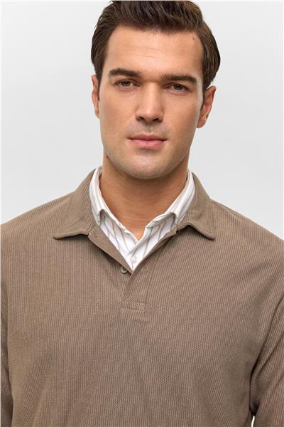 Açık Kahve Regular Düz Polo Yaka Sweatshirt