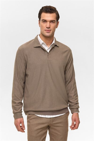 Açık Kahve Regular Düz Polo Yaka Sweatshirt