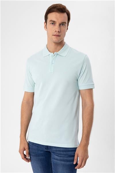 Su Yeşili Slim Fit Armürlü Polo Yaka Tişört
