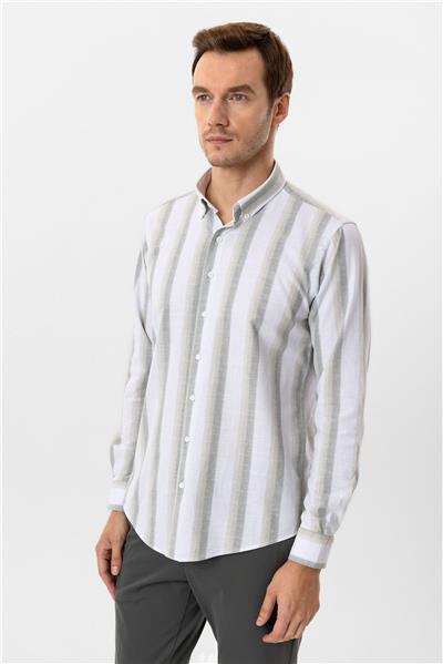 Su Yeşili Slim Fit Desenli Düğmeli Yaka Çizgili Gömlek