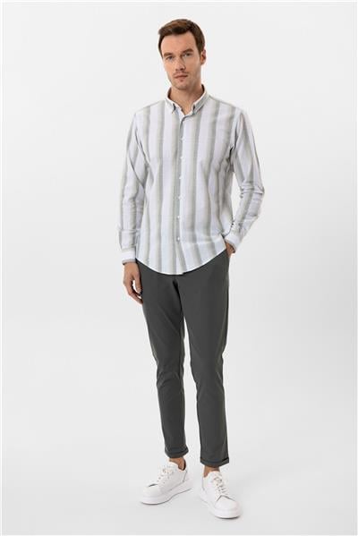 Su Yeşili Slim Fit Desenli Düğmeli Yaka Çizgili Gömlek