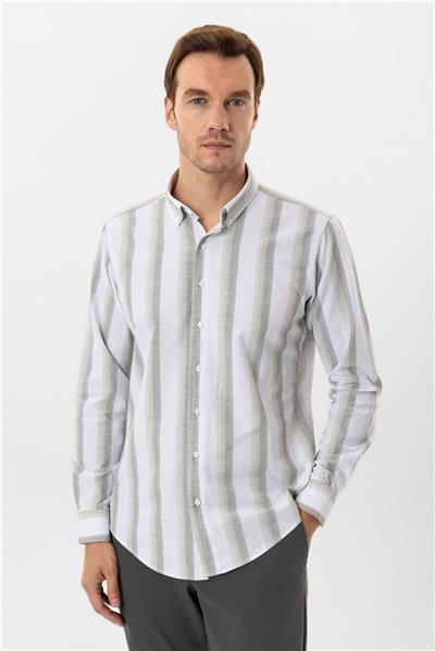 Su Yeşili Slim Fit Desenli Düğmeli Yaka Çizgili Gömlek