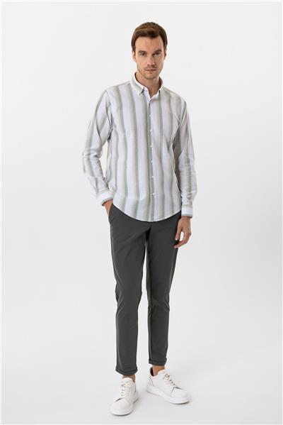 Su Yeşili Slim Fit Desenli Düğmeli Yaka Çizgili Gömlek