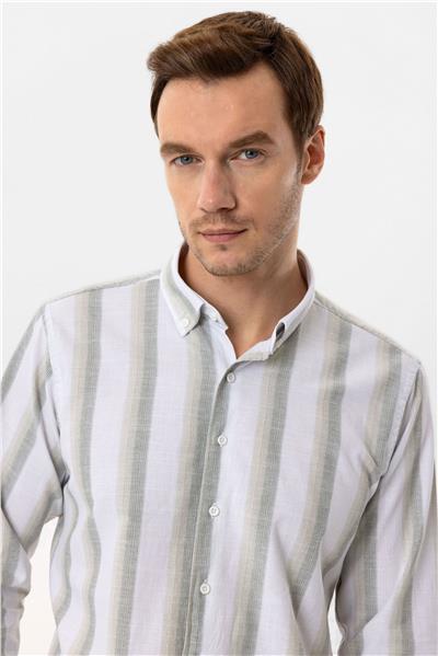 Su Yeşili Slim Fit Desenli Düğmeli Yaka Çizgili Gömlek