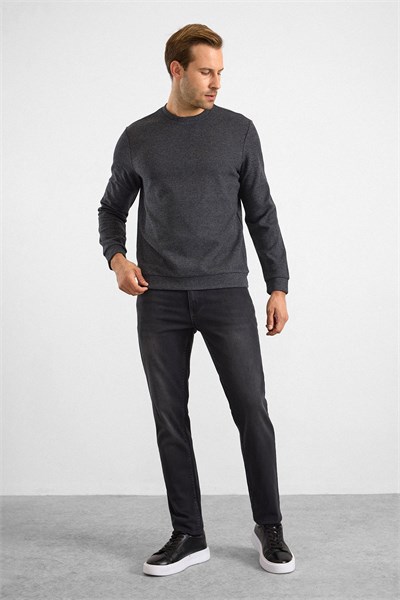 Antrasit Regular Düz Bisiklet Yaka Sweatshirt