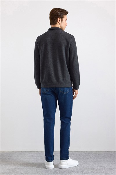 Antrasit Regular Düz Fermuarlı Polo Yaka Sweatshirt