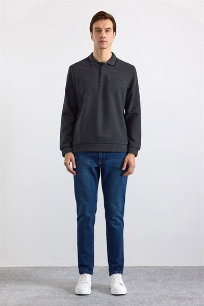 Antrasit Regular Düz Fermuarlı Polo Yaka Sweatshirt