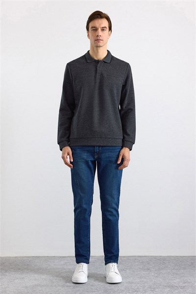 Antrasit Regular Düz Fermuarlı Polo Yaka Sweatshirt