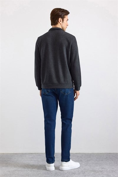 Antrasit Regular Düz Fermuarlı Polo Yaka Sweatshirt