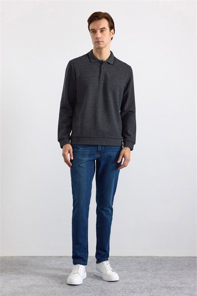 Antrasit Regular Düz Fermuarlı Polo Yaka Sweatshirt