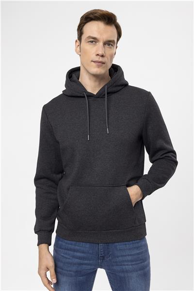 Antrasit Regular Düz Kapüşonlu Yaka Sweatshirt