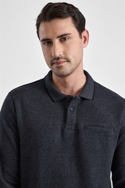 Antrasit Regular Düz Polo Yaka Sweatshirt