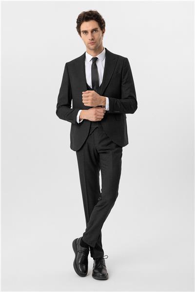 Antrasit Slim Fit Armürlü Sivri Yaka 6 Drop Yelekli Klasik Takım Elbise