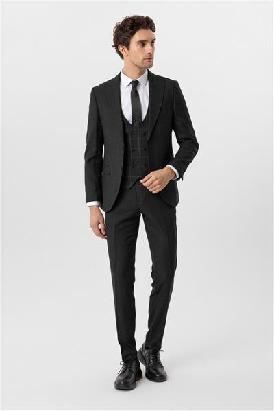Antrasit Slim Fit Armürlü Sivri Yaka 6 Drop Yelekli Klasik Takım Elbise