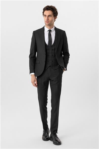 Antrasit Slim Fit Armürlü Sivri Yaka 6 Drop Yelekli Klasik Takım Elbise