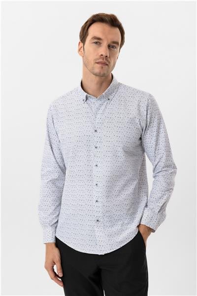 Antrasit Slim Fit Baskılı Düğmeli Yaka Gömlek