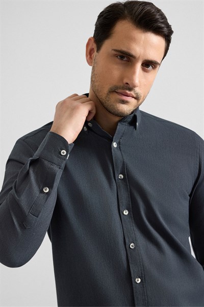 Antrasit Slim Düğmeli Yaka Düz Cepsiz Casual Gömlek